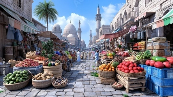 Fototapeta Vibrant Arabian Market: A bustling marketplace filled with colorful fruits, vegetables, and spices. Stone buildings and a mosque in the background.  A lively scene evoking the sights, sounds.