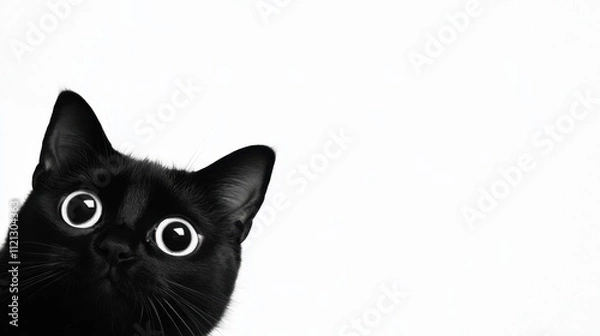 Fototapeta Curious Black Cat with Big Eyes Against a Minimalist White Background