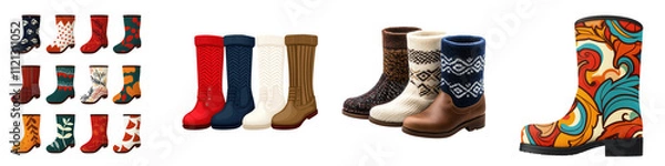 Fototapeta Stylish boot cuffs in various patterns and colors for fashionable footwear, isolated on transparent background.