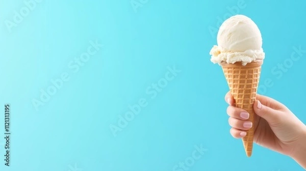 Fototapeta A hand holding a cone of ice cream against a blue background.