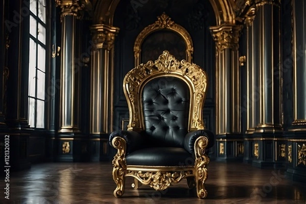 Fototapeta Black and Gold Throne in Luxury Baroque Palace Room. Generative with AI