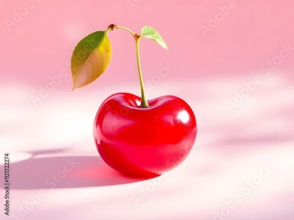 Fototapeta "Single Red Cherry with Green Leaves on a Pink Background"

