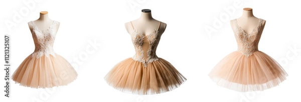 Fototapeta Elegant ballet dresses with intricate lace details and tulle skirts, isolated on transparent background.