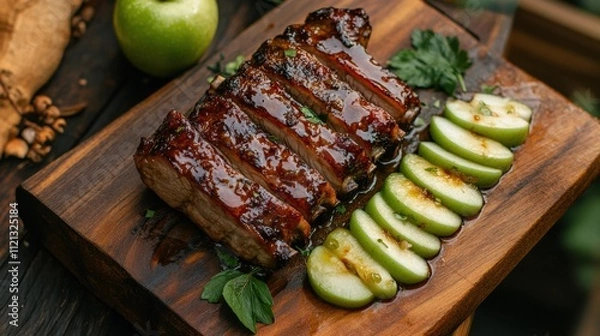 Fototapeta Honey-glazed roast pork with caramelized edges, served on a wooden board with sliced green apples