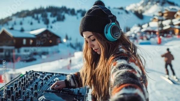 Fototapeta A skilled DJ captivates the crowd with her beats, surrounded by snowy peaks and vibrant energy, as winter sports enthusiasts enjoy the slopes