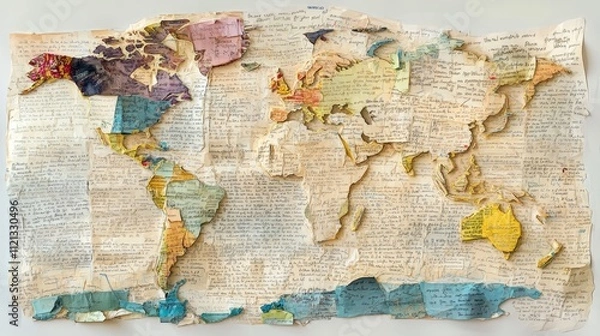 Obraz Vintage World Map Collage Art, Wrinkled Paper Texture, Handwritten Notes, Global Travel Concept