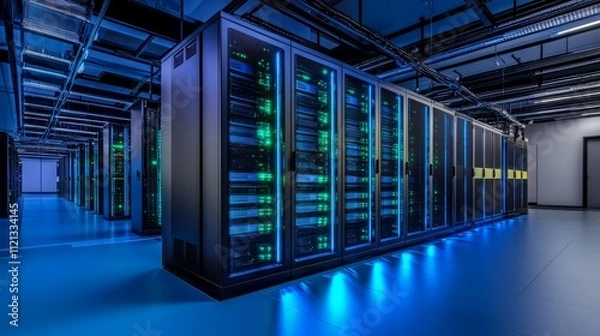 Fototapeta A modern server room with perfectly organized server racks, cables running along the walls, each server illuminated by blue and green status lights, creating a sleek