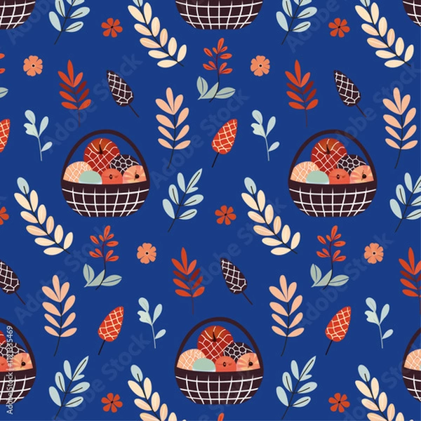 Fototapeta Children's pattern consisting of red, yellow, orange, blue, turquoise leaves, flowers, cones and a brown wicker basket with apples