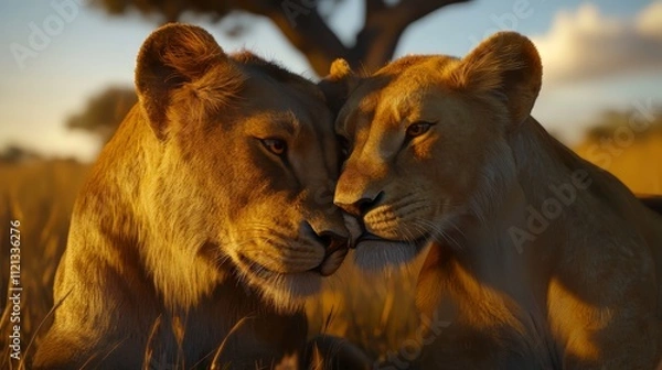 Fototapeta Lions in love. wildlife. Ultra realistic. Photorealistic hypermaximalist hyper realistic fine detail