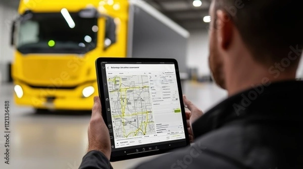 Fototapeta A man using a tablet to navigate while a yellow truck is parked in a warehouse, showcasing logistics and technology in transportation.