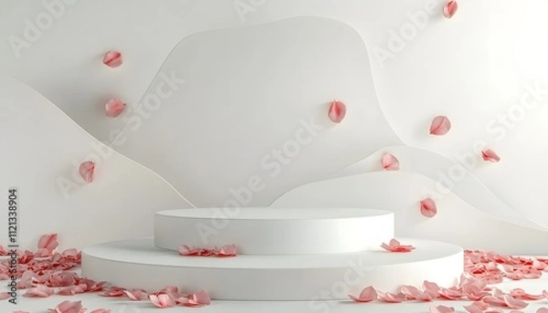 Fototapeta Elegant White Podium with Pink Petals Minimalist Product Display Background