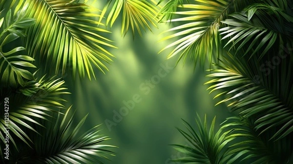 Fototapeta A minimalist olive-green background with palm leaf shadows, ideal for product displays