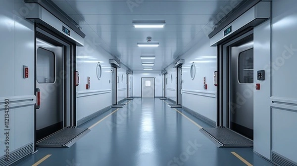 Fototapeta A modern elevator with open doors set within a spacious hall or laboratory environment