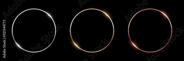 Obraz Gold, silver and bronze circle thin frames. Blank metal ring, button, stamp, emblem, sticker, label. First, second and third place medals isolated on black background. Abstract vector illustration set