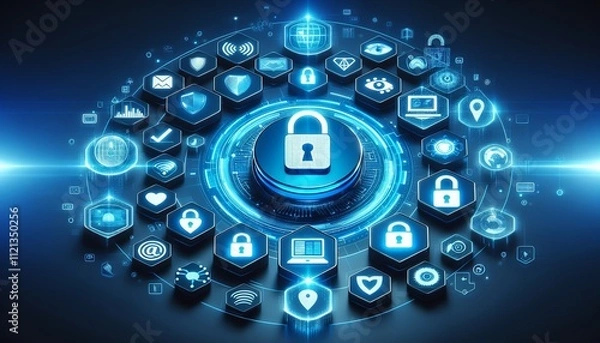 Fototapeta A mesmerizing digital rendering of a globe surrounded by a constellation of security icons, symbolizing the interconnectedness of global cybersecurity.