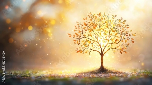 Fototapeta The illustration shows a radiant, shimmering Tree of Life standing tall against a backdrop of a glowing, golden light