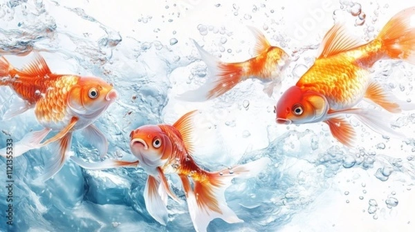 Obraz Bright goldfish swimming energetically in clear water, surrounded by dynamic bubbles and vivid colors.