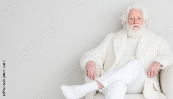 Obraz Elderly gentleman dressed in all white relaxes in a modern chair with a serene expression