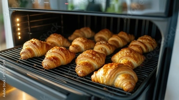 Fototapeta Interior view of an air fryer cooking perfectly browned croissants, its sleek design fitting into a modern kitchen aesthetic