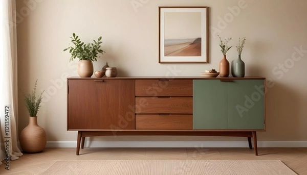 Fototapeta Wood sideboard in green living room with copy space