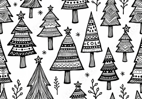 Fototapeta Boho Christmas trees pattern for adult coloring page in black and white