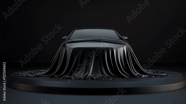 Obraz Mysterious black car covered by cloth on dark background.