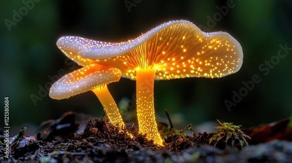 Fototapeta The mystical luminescent mushrooms exude an ethereal glow, with delicate spots of light that dance across their caps in an ever changing display of psychedelic fluorescent colors