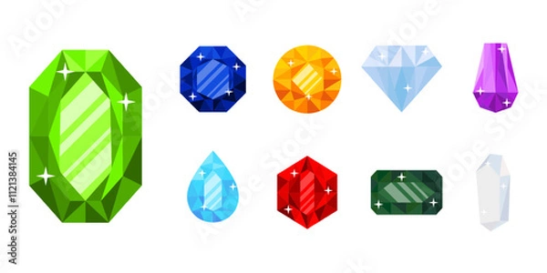 Obraz Precious gemstones vector illustration set. Luxurious gems, glamor jewelry, shiny treasure. Sapphire, ruby, emerald, topaz and diamond. Game icons of magic mineral crystals.