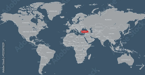Fototapeta World map with Turkey clearly highlighted in vibrant colors, emphasizing geographical location and connection between these nations
