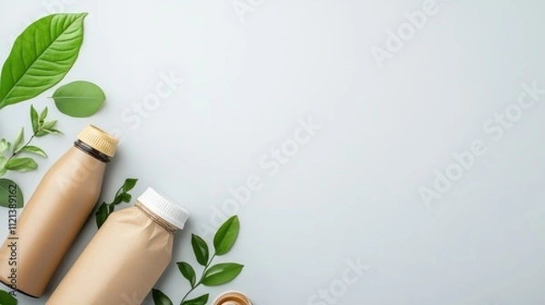 Fototapeta Eco-Friendly Packaging with Natural Leaves and Bottles on a Light Background for Sustainable Products