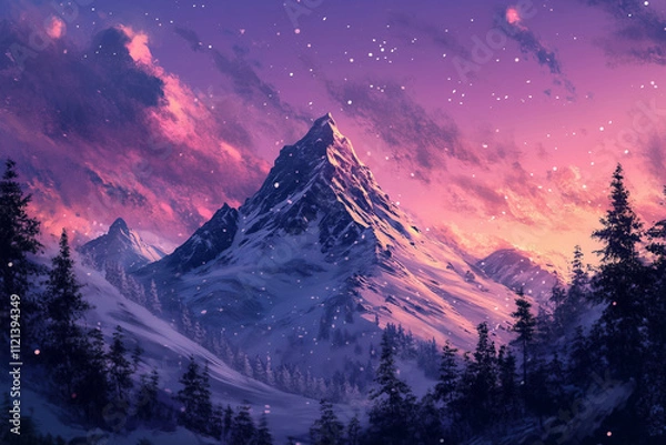 Obraz sunset in the mountains with snow in purple sky