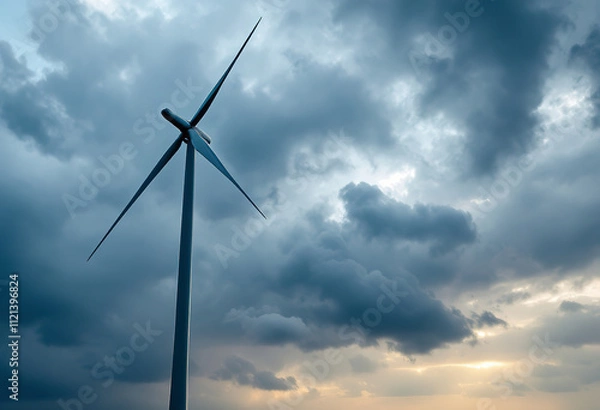 Fototapeta A large wind turbine standing tall against a dramatic, stormy sky with dark clouds