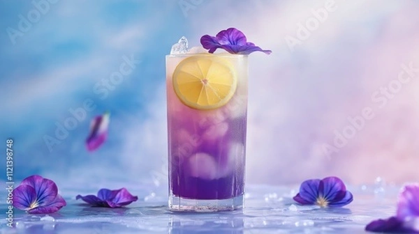 Obraz A vibrant cocktail with lemon and purple flowers, set against a dreamy pastel background, creates a refreshing and artistic drink presentation.
