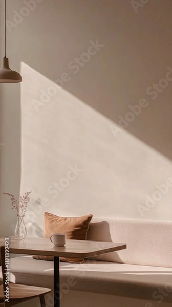 Fototapeta A warm and inviting coffee shop interior featuring minimalist decor and soft lighting. The cozy ambiance is enhanced by natural elements, creating a relaxing and welcoming atmosphere.