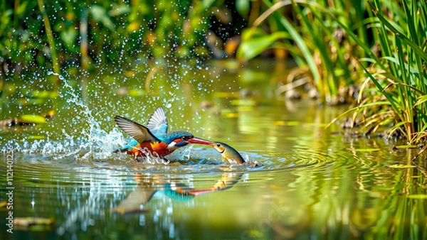 Obraz Colorful Kingfisher Diving Into A Pond
