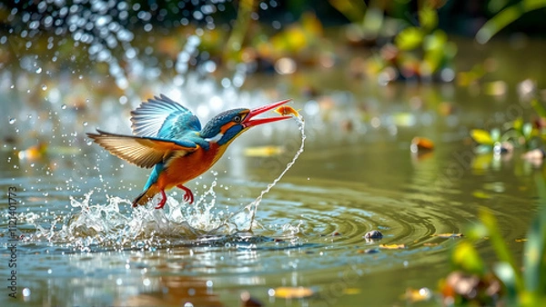 Obraz Colorful Kingfisher Diving Into A Pond