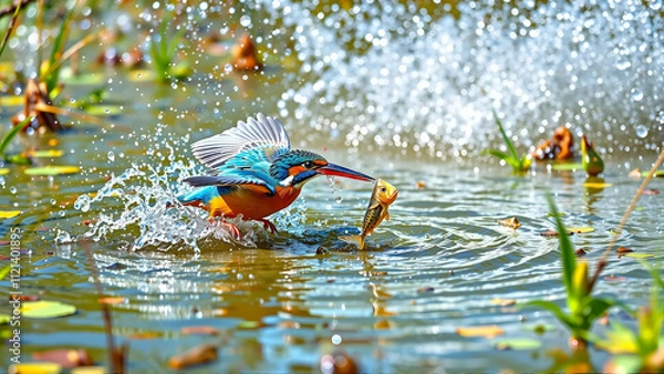 Obraz Colorful Kingfisher Diving Into A Pond