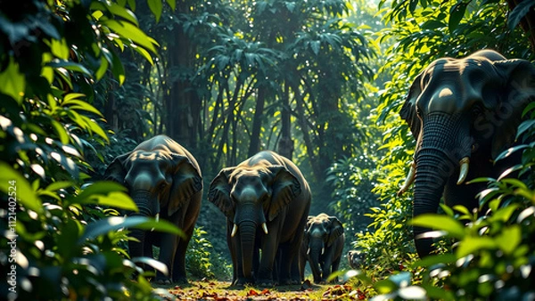 Obraz Family Of Elephants Walking Through A Lush Green Jungle