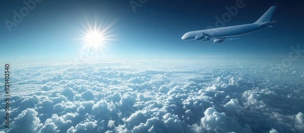 Fototapeta Airplane flying above a sea of clouds with the sun shining in the sky.