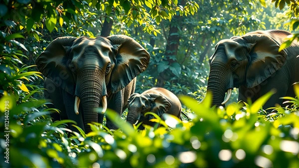 Obraz Family Of Elephants Walking Through A Lush Green Jungle