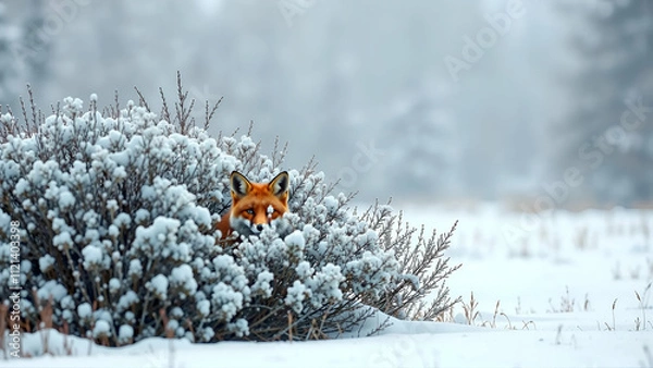 Obraz Striking Red Fox Peeking Out From Behind A Bush