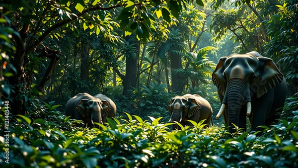 Obraz Family Of Elephants Walking Through A Lush Green Jungle