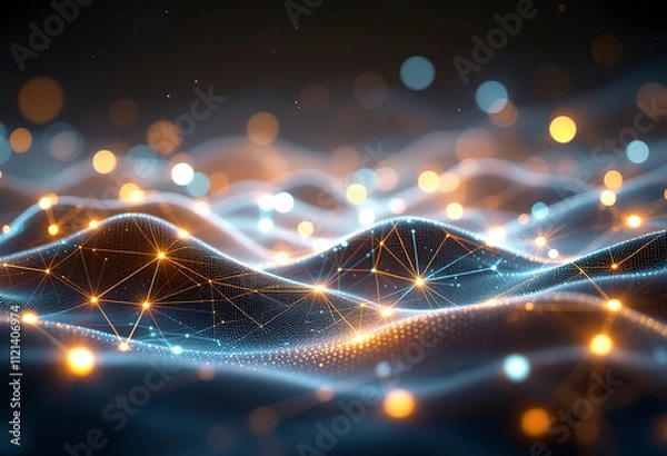 Fototapeta Glowing abstract landscape with interconnected lines and points of light, creating a futuristic, technological atmosphere