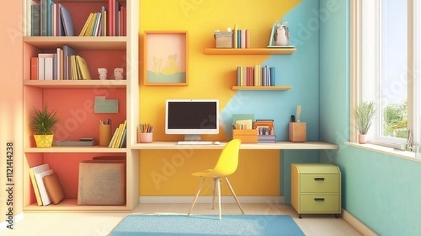 Fototapeta Interior of a children's room with a computer on the table, bookshelves with books and a window. 3d rendering. Colorfully decorated children's room, bright colors.