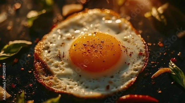 Obraz Gourmet Close-up of Perfectly Fried Egg Amidst Fresh Herbs and Spices, Capturing the Textures and Colors of Culinary Delights in Natural Light