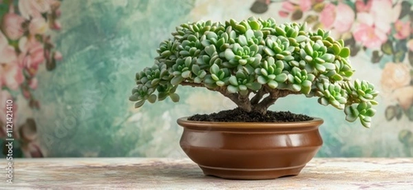 Fototapeta Succulent bonsai plant in decorative pot, vibrant green leaves, floral background, artistic arrangement, copy space for text