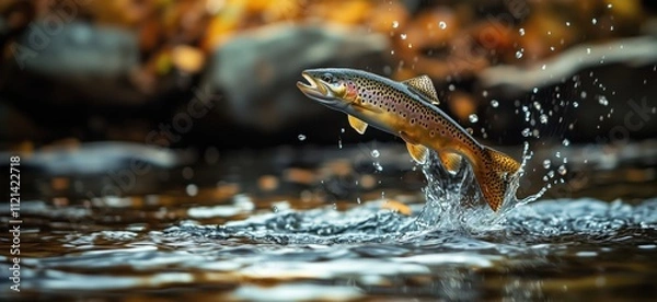 Fototapeta Trout leaping from water, splashes surrounding, autumn foliage in background, vibrant colors, copy space for text