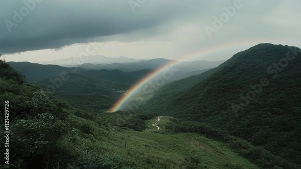 Fototapeta A breathtaking rainbow arches gracefully over lush green mountains, with a delicate path winding through the landscape below.
