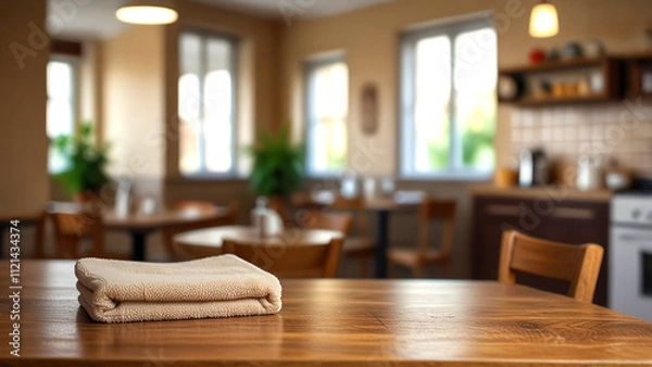 Obraz Empty room table decorated with beige towel food advertisement display. Table with advertisement place. Blurred kitchen background. Food promotion background.