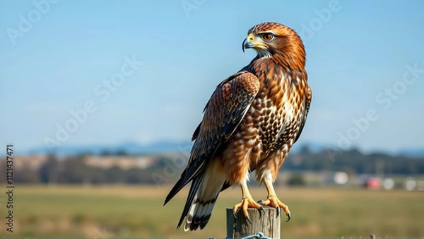 Obraz Beautiful Red-Tailed Hawk Perched On A Fence Post